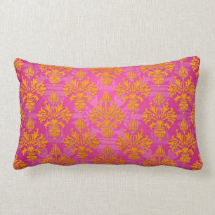 Coussin Rectangle Orange vif et damas floral rose
