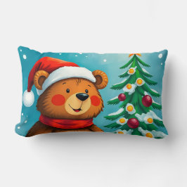 Coussin Rectangle Ours mignon à Santa Hat à côté de Noël décoré