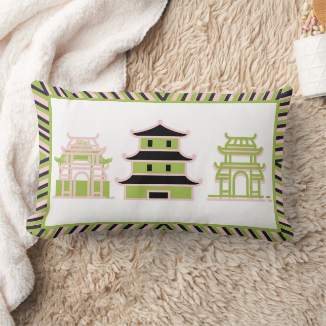Coussin Rectangle Pagode Rose Vert Lumbar rayé (Couverture)