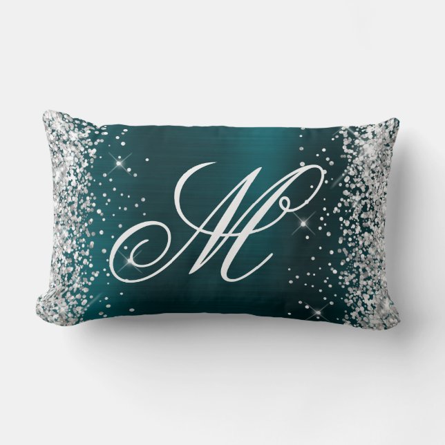 Coussin Rectangle Pailleté Argent Bleu Sarcelle Feuille Monogrammé F (Recto)