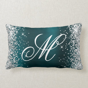 Coussin Rectangle Pailleté Argent Bleu Sarcelle Feuille Monogrammé F