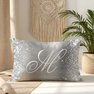 Coussin Rectangle Pailleté Argent Satin Brillante Monogrammé