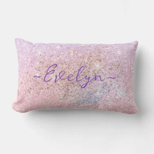 Coussin Rectangle Pailleté rose pastel personnalisé bleu