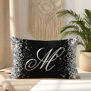 Coussin Rectangle Paillettes Argentées Noir Feuille Monogrammé Fanta