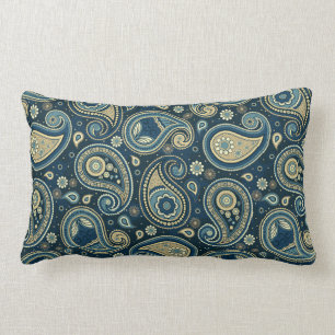 Coussin Rectangle Paisley motif bleu turquoise or élégant