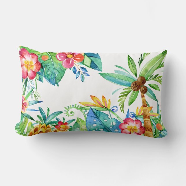 Coussin Rectangle Palmiers tropicaux et aquarelle florale (Recto)