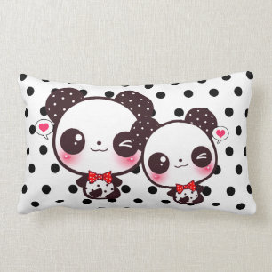 Coussin Rectangle Pandas de Kawaii sur le pois noir