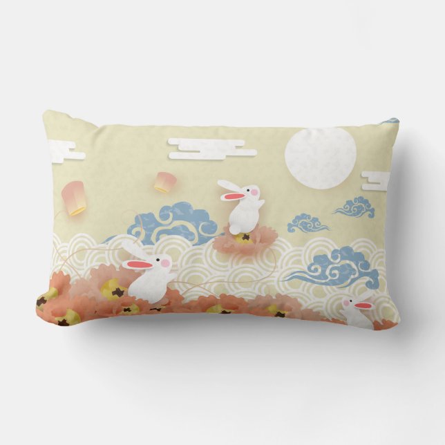 Coussin Rectangle Papercut Mid Autumn Bunnies, Lotus, Lune (Recto)