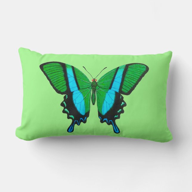 Coussin Rectangle Papillon Swallowtail en vert, turquoise et noir (Recto)