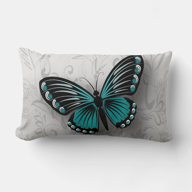 Coussin Rectangle Papillon Turquoise Whimsical sur floral gris (Recto)