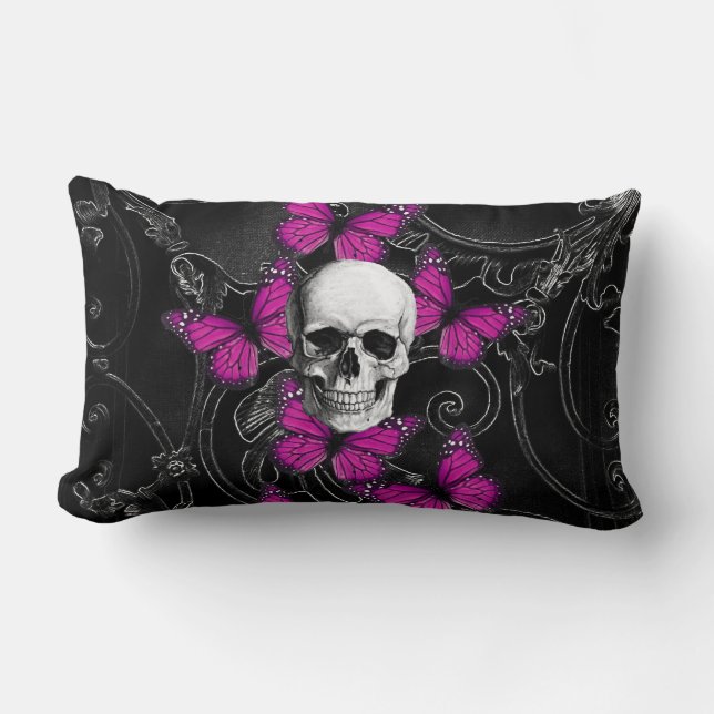 Coussin Rectangle Papillons de crâne et de roses indien d'imaginaire (Recto)