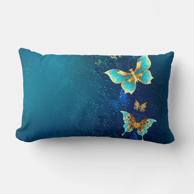 Coussin Rectangle Papillons d'or sur un Arrière - plan bleu (Recto)