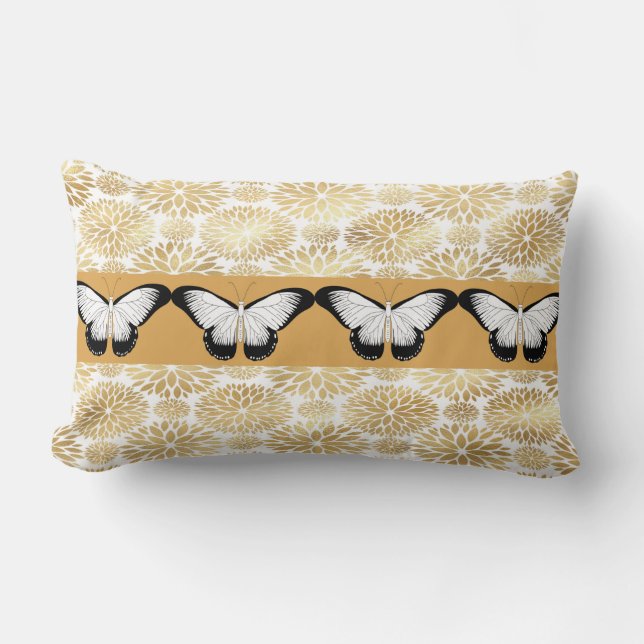 Coussin Rectangle Papillons noirs & blancs & Faux Gold Flowers (Recto)
