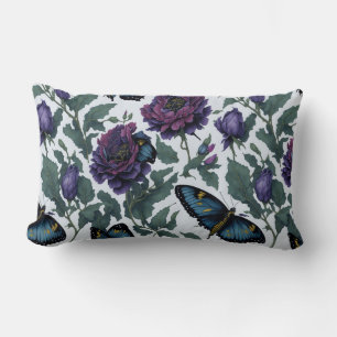 Coussin Rectangle Papillons vintages à fleurs prune violette magenta
