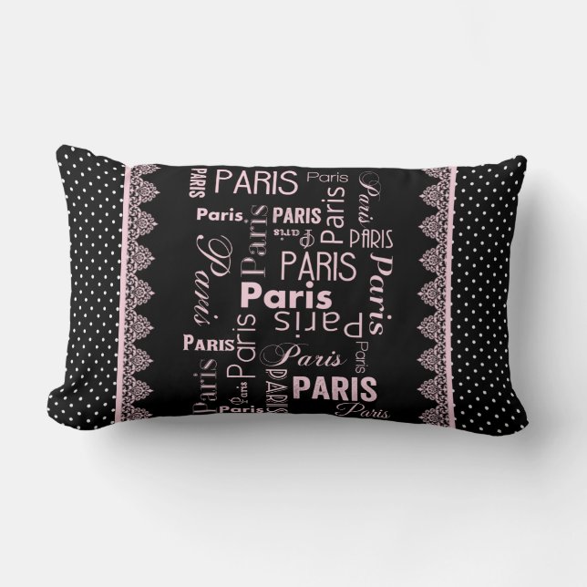 Coussin Rectangle Paris collection pois, noir, rose (Recto)