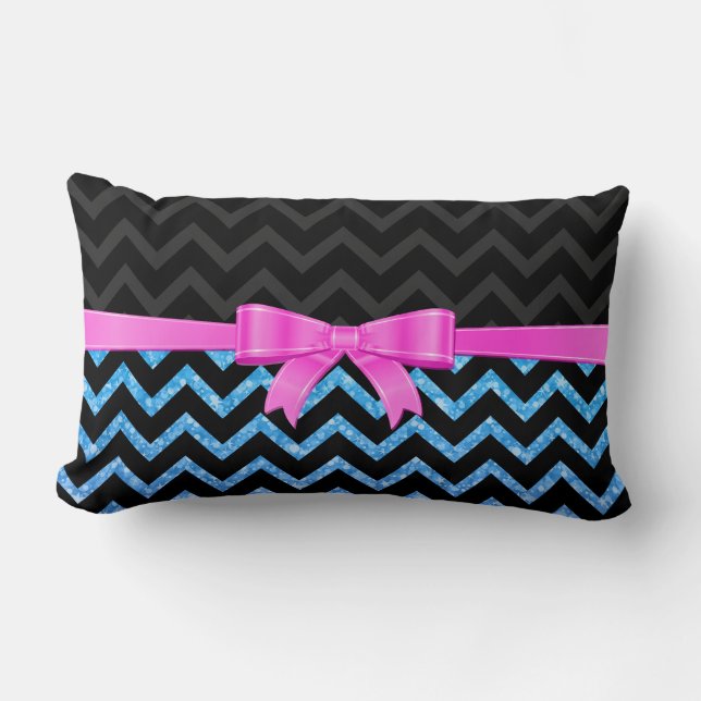 Coussin Rectangle Parties scintillant bleue Black Zigzag Chevron Mot (Recto)