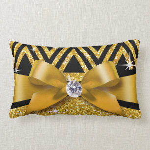 Coussin Rectangle Parties scintillant Chevron Bling Diamond Bow or