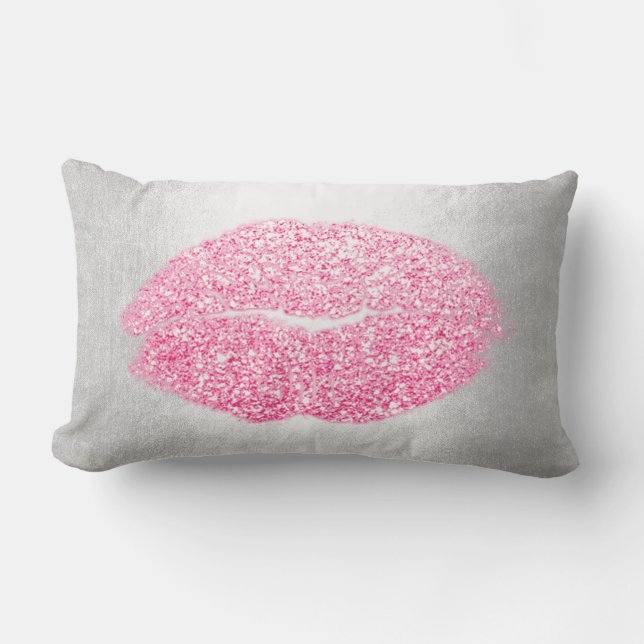 Coussin Rectangle Parties scintillant Lèvres Gris Candy Pink Maquill (Recto)