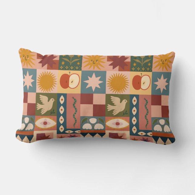 Coussin Rectangle Patchwork céleste bohémien avec symboles mystiques (Recto)