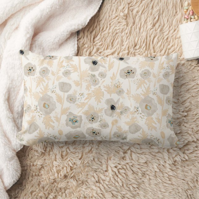 Coussin Rectangle Pavot Botanique Jaune Aquarelle Gris Or Floral (Couverture)
