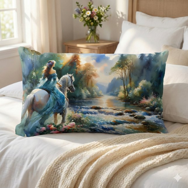 Coussin Rectangle Paysage de rêve de cavalière à la rivière dans une (Watercolor Forest River Horsewoman Dreamscape Lumbar Pillow Mockup a)