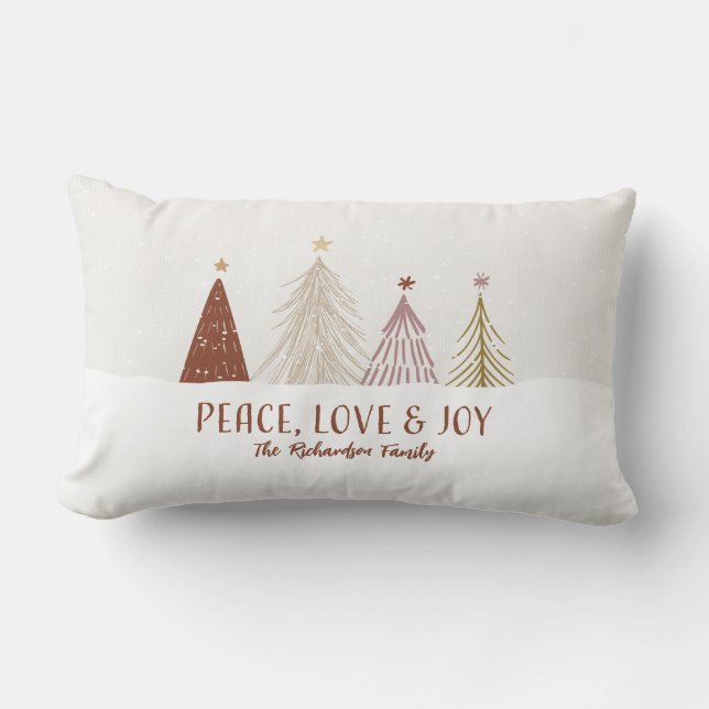 Coussin Rectangle Peace Love & Joy Christmas Trees Holiday Family (Recto)