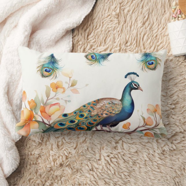 Coussin Rectangle Peacock avec plumes tombantes et fleurs orange (Couverture)