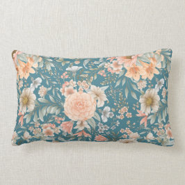 Coussin Rectangle Pêche et Flore bleue sur Turquoise moyen
