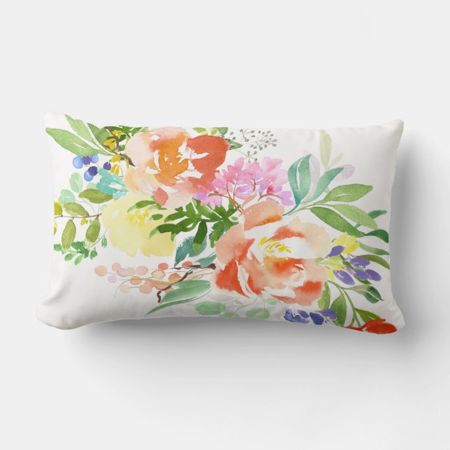 Coussin Rectangle Peonines de pêche à l'aquarelle féminine | Floral (Recto)