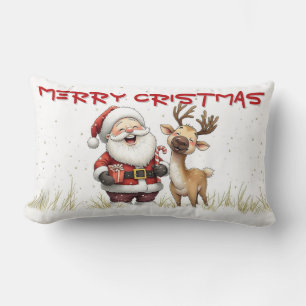 Coussin Rectangle Père Noël et rennes dans un style de dessin animé