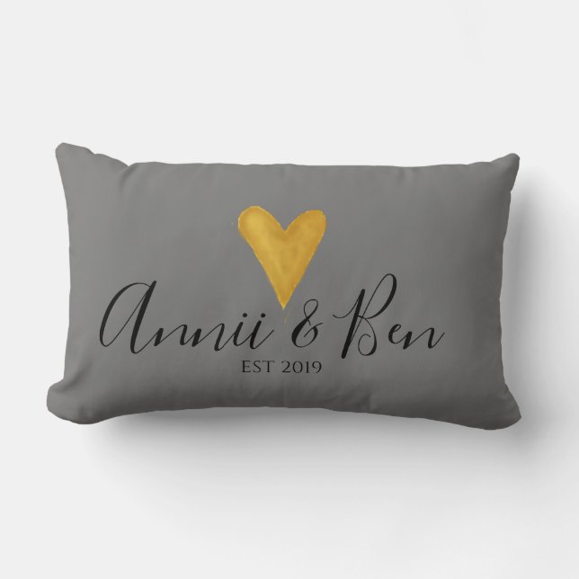 Coussin Rectangle Personnalisable, gris ardoise. coeur d'or mariage (Recto)