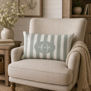 Coussin Rectangle Personnalisé Rustique Vert Sauge Rayé