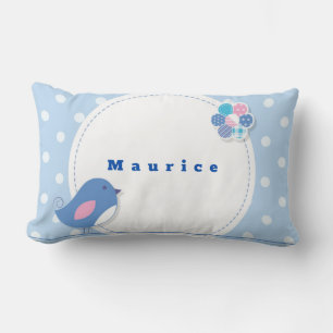 Coussin Rectangle Personnaliser Polka Bleu Blanc Point Oiseau Fleur