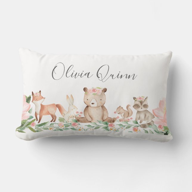 Coussin Rectangle Petite fille Bois Animaux Pink Baby (Recto)