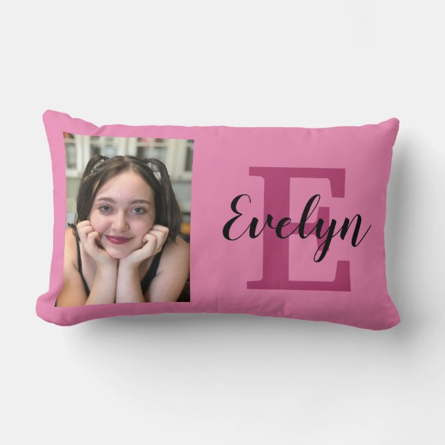 Coussin Rectangle Photo et nom rose réversible personnalisés Pillow (Recto)