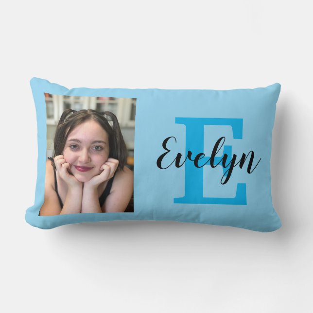 Coussin Rectangle Photo et nom Turquoise réversible personnalisés Pi (Recto)