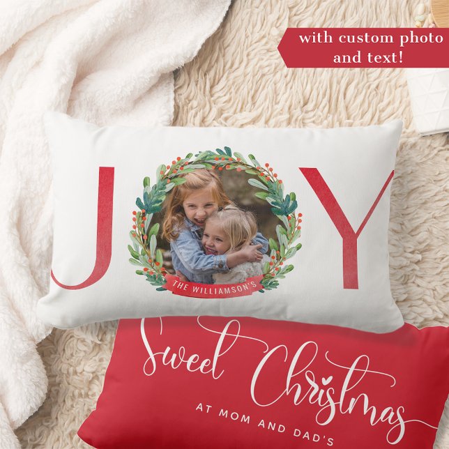 Coussin Rectangle Photo Joy Photo Overlay Greenery Holly Wreath (Créateur téléchargé)