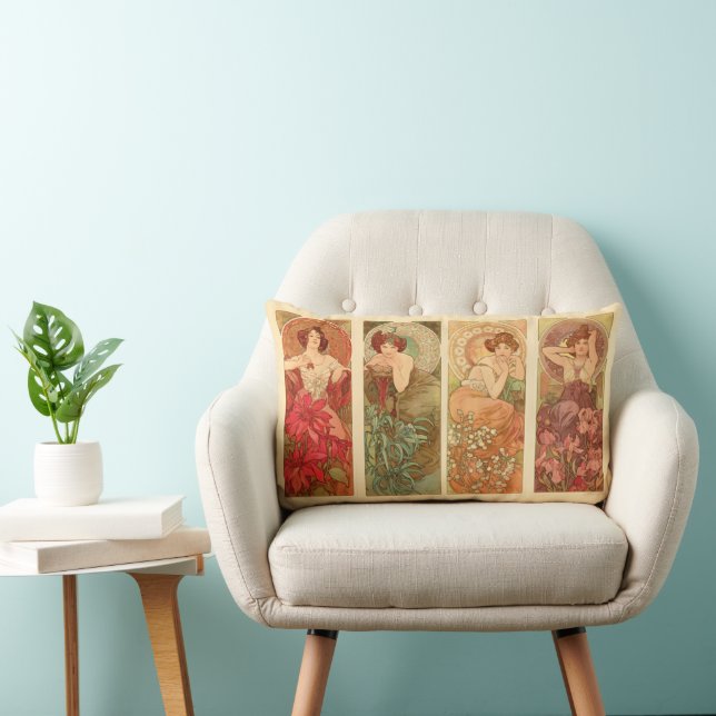 Coussin Rectangle Pierres et fleurs précieuses, Alphonse Mucha Art (Chaise)