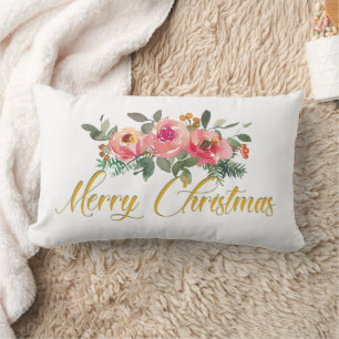 Coussin Rectangle Pink and Green Floral Ajouter un nom Joyeux Noël