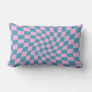 Coussin Rectangle Pink pastel bleu rétro en damier dépoli