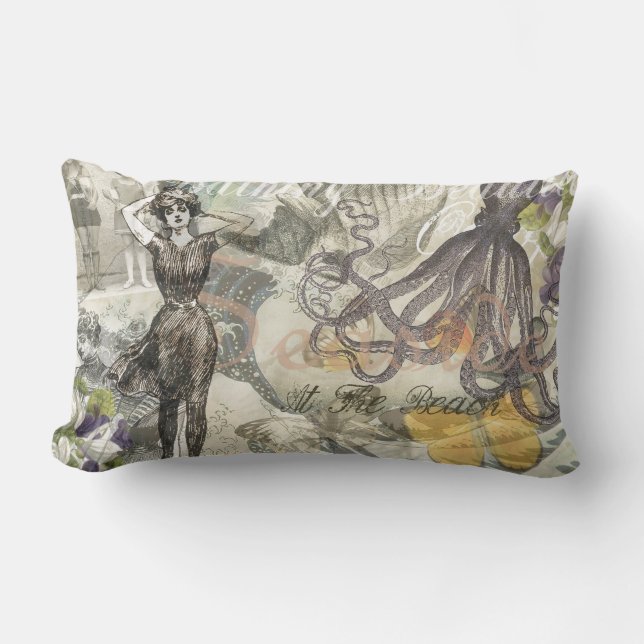 Coussin Rectangle Plage de la Pieuvre Antique Steampunk Côté (Recto)