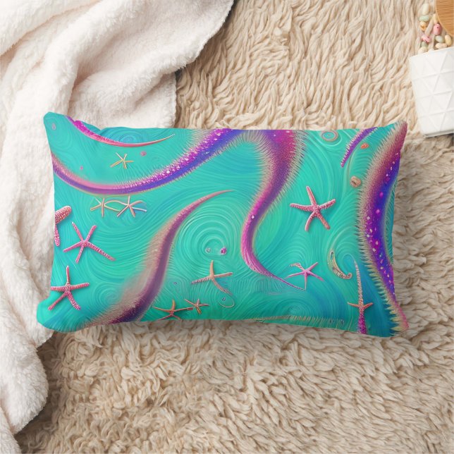 Coussin Rectangle Plage de Starfish turquoise et violet à thème (Couverture)