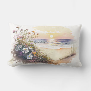 Coussin Rectangle Plage océanique à l'aquarelle avec des fleurs