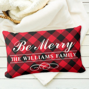 Coussin Rectangle Plaid Rouge Familial Monogrammé "Soyez Joyeux"