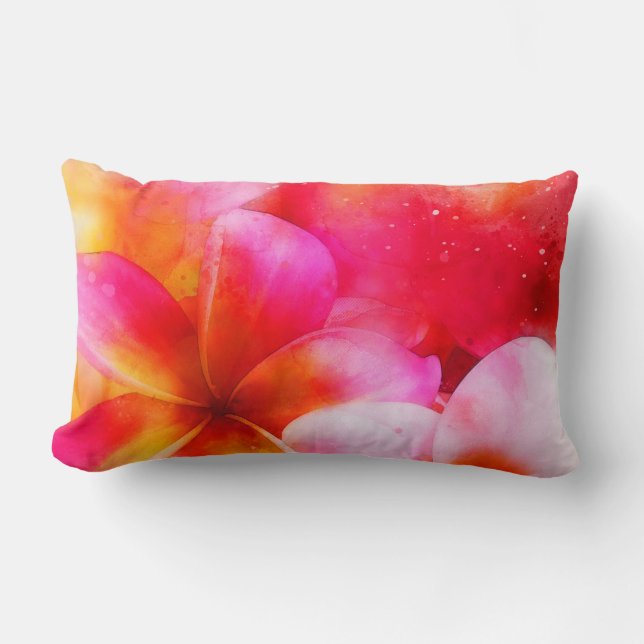 Coussin Rectangle Plumeria hawaïenne au néon rose, jaune et blanc (Recto)