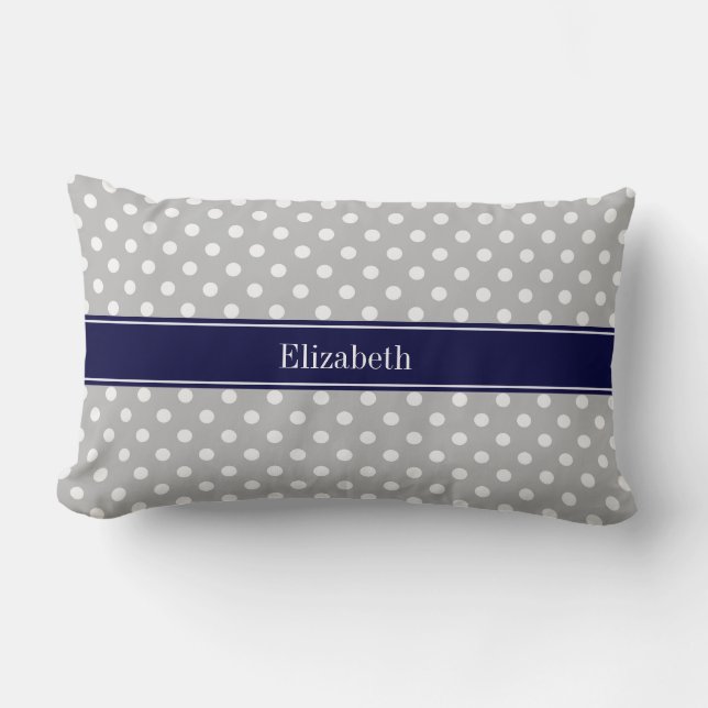Coussin Rectangle Points blancs gris Bleu marine Monogramme nom (Recto)
