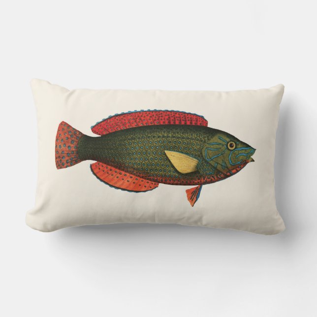 Coussin Rectangle Poissons tropicaux exotiques en vert et rouge (Recto)