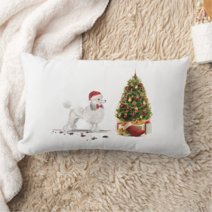 Coussin Rectangle Poodle blanc Funny Chien de Noël avec arbre