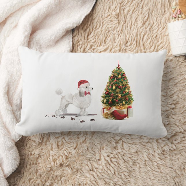 Coussin Rectangle Poodle blanc Funny Chien de Noël avec arbre (Couverture)