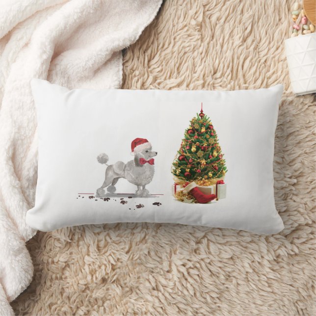 Coussin Rectangle Poodle gris drôle Chien de Noël avec arbre (Couverture)